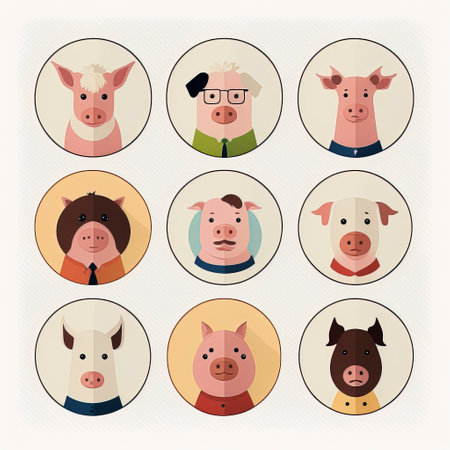 Pig Avatar Illustration: A Collection of Cute Farm Animal Profile Icons for Various Uses created with Generative AI technologyの素材