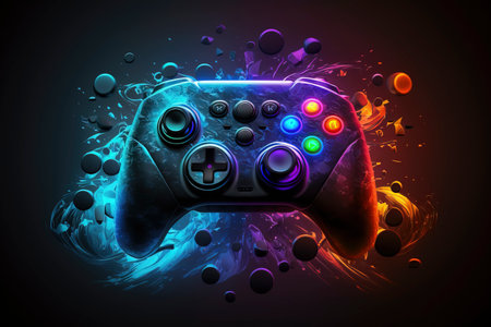 video game console controller with neon colors and led lights, gamer, video game player, leisure and digital entertainment created with Generative AI technologyの素材