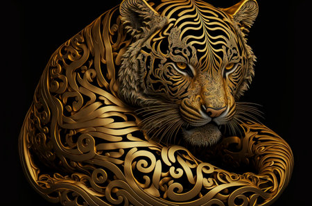 Regal Elegance in Golden Hue: A Majestic Stock Photo of Highly Detailed Tiger Decoration, Perfect for Luxury Designs, Wall Art, and Exotic Themed Projects, created with Generative AI technologyの素材