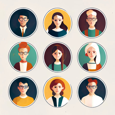 User Avatar Illustration: A Diverse Collection of Profile Icons Depicting People of Different Ages, Ethnicities, and Professions created with Generative AI technologyの素材