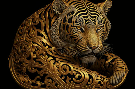 Regal Elegance in Golden Hue: A Majestic Stock Photo of Highly Detailed Tiger Decoration, Perfect for Luxury Designs, Wall Art, and Exotic Themed Projects, created with Generative AI technologyの素材