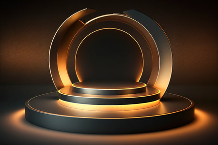 Abstract round podium illuminated with spotlight. Award ceremony concept. Stage backdrop. 3d renderingの素材