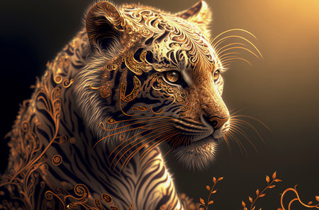 Tiger with golden ornament on black background. Digital art painting.の素材