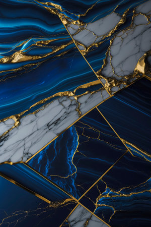 Illustration of a Luxurious White and Blue Marble Wall with Intricate Gold Trim and Accents, Perfect for Elegant and Sophisticated Interior Designs, created with Generative AI technologyの素材