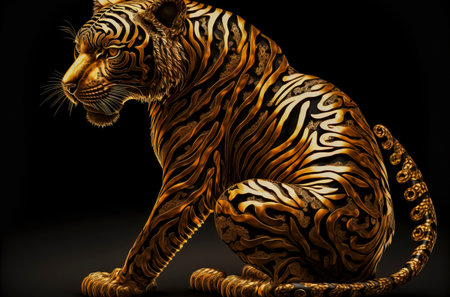Regal Elegance in Golden Hue: A Majestic Stock Photo of Highly Detailed Tiger Decoration, Perfect for Luxury Designs, Wall Art, and Exotic Themed Projects, created with Generative AI technologyの素材