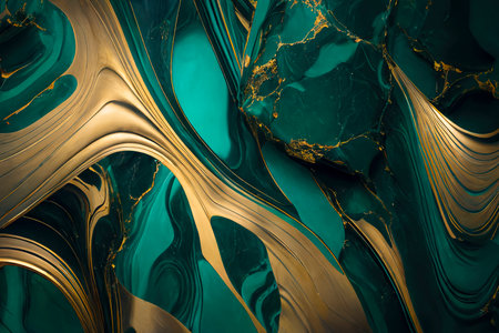 Turquoise emerald green marble texture background with gold pattern.の素材