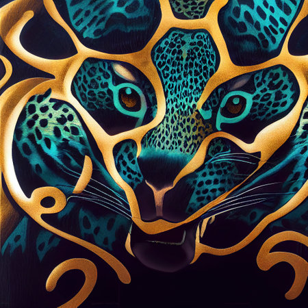 Africa, colored shapes in the shape of a tiger, leopard or jaguar head, woven from golden threads, creative abstract backgroundの素材