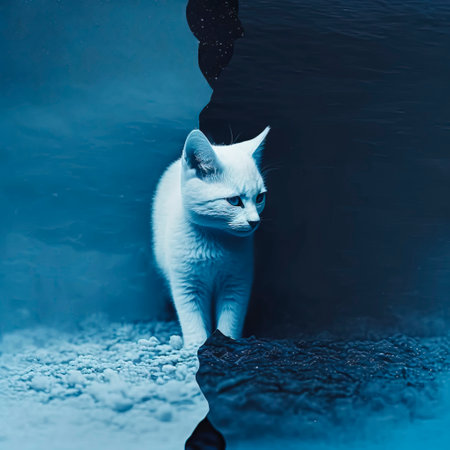 An Illustration of a Majestic and Graceful White Cat Enjoying a Serene Stroll in a Winter Wonderland, Amidst a Scenic Snowy Landscape Depicting the Calm and Beauty of Nature in Winter. created with Generative AI technologyの素材