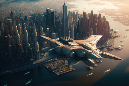 UAP UFO, unidentified flying object, alien spacecraft invasion on earth. city ââinvaded by beings from another world created with Generative AI technologyの素材