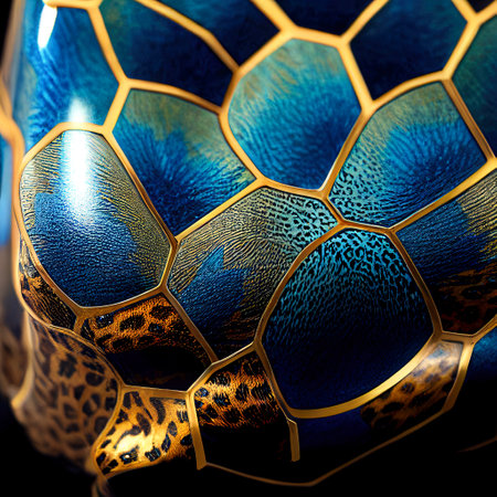 Reptile, colored shapes in the shape of dragon or turtle scales or fantastic animal, woven with golden threads, creative abstract backgroundの素材