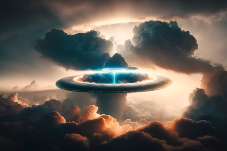UAP UFO, unidentified flying object, alien spacecraft invasion on earth. city ââinvaded by beings from another world created with Generative AI technologyの素材