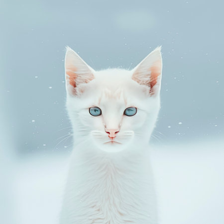 An Illustration of a Majestic and Graceful White Cat Enjoying a Serene Stroll in a Winter Wonderland, Amidst a Scenic Snowy Landscape Depicting the Calm and Beauty of Nature in Winter. created with Generative AI technologyの素材