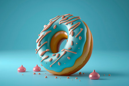 An Illustration of a Mouthwatering Donut with Sprinkles and Icing, Set Against a Soft and Dreamy Pastel Blue Background, Playful Composition Perfect for Foodies and Donut Lovers. created with Generative AI technologyの素材