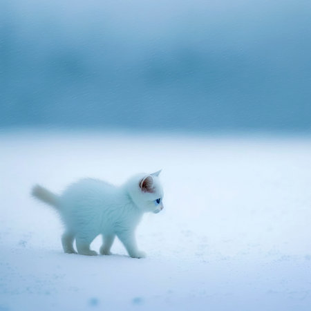 An Illustration of a Majestic and Graceful White Cat Enjoying a Serene Stroll in a Winter Wonderland, Amidst a Scenic Snowy Landscape Depicting the Calm and Beauty of Nature in Winter. created with Generative AI technologyの素材