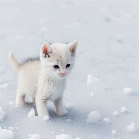 An Illustration of a Majestic and Graceful White Cat Enjoying a Serene Stroll in a Winter Wonderland, Amidst a Scenic Snowy Landscape Depicting the Calm and Beauty of Nature in Winter. created with Generative AI technologyの素材