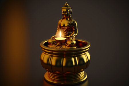 figure or image of Buddha in gold or gold on a wooden table illuminated by candlelight, zen image for relaxation created with Generative AI technologyの素材