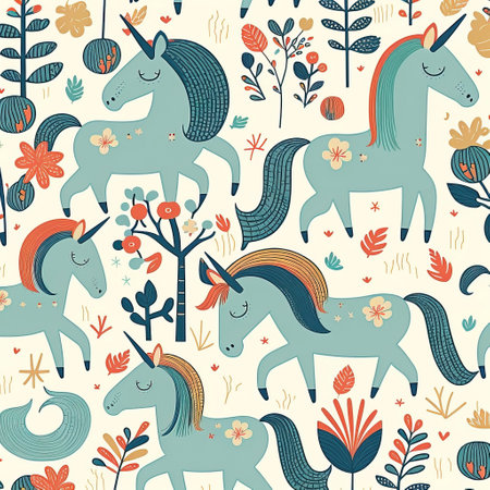 Unicorns pattern of funny cartoons on colored backgrounds, illustration for graphic design of children's themes and stories, created with Generative AI technologyの素材