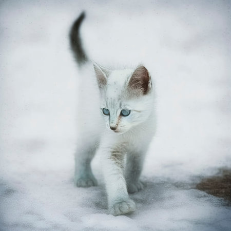 An Illustration of a Majestic and Graceful White Cat Enjoying a Serene Stroll in a Winter Wonderland, Amidst a Scenic Snowy Landscape Depicting the Calm and Beauty of Nature in Winter. created with Generative AI technologyの素材