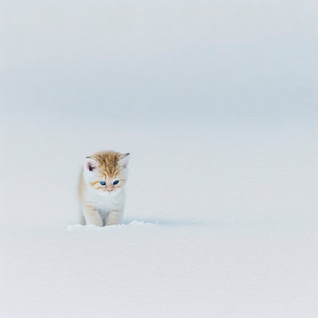 An Illustration of a Majestic and Graceful White Cat Enjoying a Serene Stroll in a Winter Wonderland, Amidst a Scenic Snowy Landscape Depicting the Calm and Beauty of Nature in Winter. created with Generative AI technologyの素材