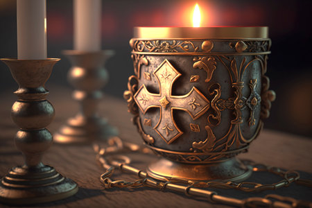 holy grail, bronze and gold cup with christian and religious cross on table illuminated with candlelight created with Generative AI technologyの素材