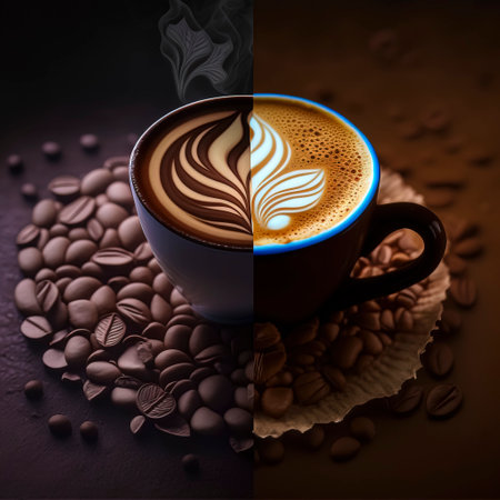 Coffee Cup with Whipped Cream Illustration on Coffee Bean Background created with Generative AI technologyの素材