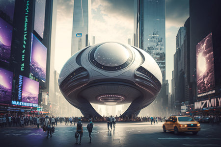 UAP UFO, unidentified flying object, alien spacecraft invasion on earth. city ââinvaded by beings from another world created with Generative AI technologyの素材