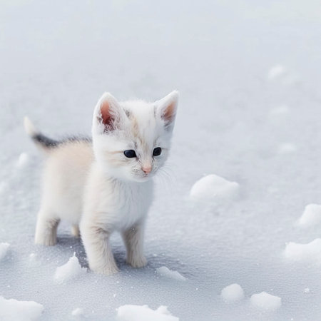 An Illustration of a Majestic and Graceful White Cat Enjoying a Serene Stroll in a Winter Wonderland, Amidst a Scenic Snowy Landscape Depicting the Calm and Beauty of Nature in Winter. created with Generative AI technologyの素材
