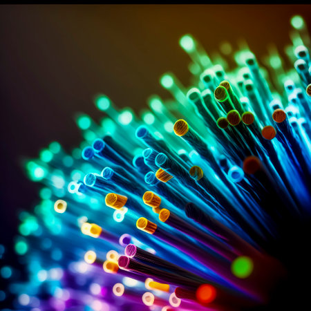colored electric cables and led. optical fiber, intense colors, background for technology image and new business trends created with Generative AI technologyの素材