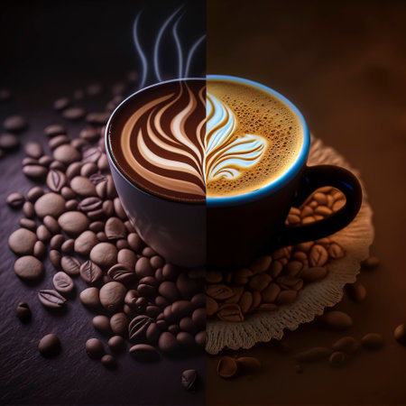 Coffee Cup with Whipped Cream Illustration on Coffee Bean Background created with Generative AI technologyの素材