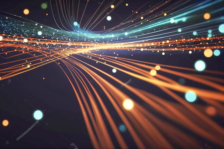 An Eye-Catching Illustration of Vibrant Colored Light Rays Radiating on a Soft and Dreamy Blurred Backgroun. This Artwork Captures the Energetic and Playful Feeling of Light and Colors created with Generative AI technologyの素材