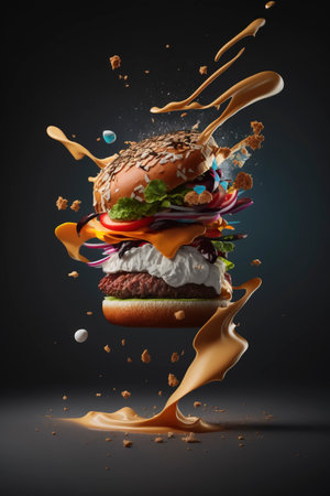Burger with flying ingredients, cheese, beef, lettuce, pickle, tomato, ketchup, ketchup. product illustration created with Generative AI technologyの素材