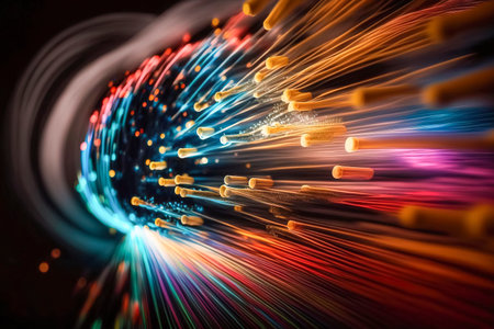 An Eye-Catching Illustration of Vibrant Colored Light Rays Radiating on a Soft and Dreamy Blurred Backgroun. This Artwork Captures the Energetic and Playful Feeling of Light and Colors created with Generative AI technologyの素材