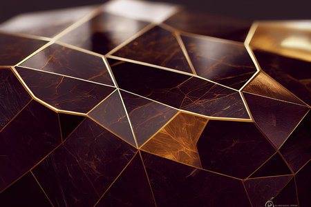 Geometric golden background with carbon fiber or hexagons with gold waters and colored inks. decorative image for events, weddings or eleganceの素材