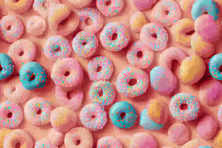 Donuts in rows of colors and tasty flavors. creative background of sweets and candies, colorful and delicious dessertsの素材
