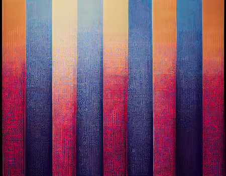 Colored vertical pieces with mosaics and horizontal stripes of varied designs. decorative background for graphic designの素材