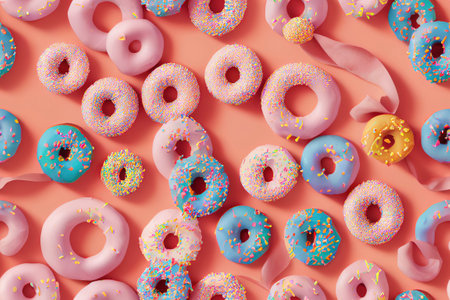 Donuts in rows of colors and tasty flavors. creative background of sweets and candies, colorful and delicious dessertsの素材