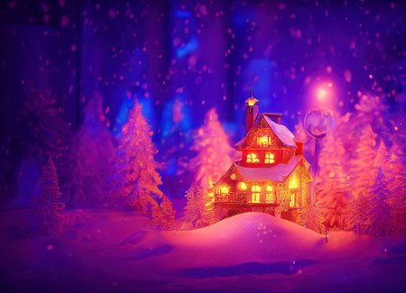 Christmas story landscape, decorative image with a little house in a snowy forest, image for advertising or Christmas backgroundの素材