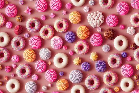 Donuts in rows of colors and tasty flavors. creative background of sweets and candies, colorful and delicious dessertsの素材