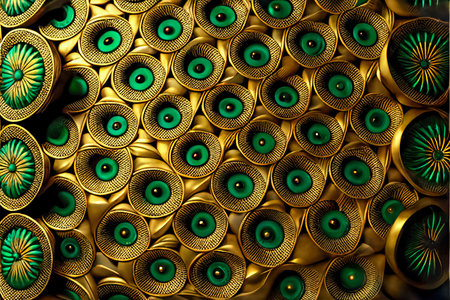 Geometric textures in gold and green or jade or jasper, pieces of jewelry made with parametric designsの素材