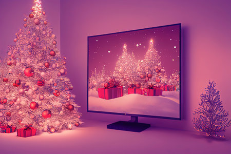 Promotion, television with Christmas landscape in decorative scene with Christmas tree and gifts. background for christmas advertisingの素材