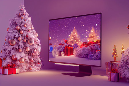 Promotion, television with Christmas landscape in decorative scene with Christmas tree and gifts. background for christmas advertisingの素材