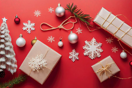 Christmas gifts on a red background with packages and decorative pieces of Christmas motifsの素材