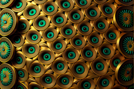 Golden, geometric textures in gold and green or jade or jasper, pieces of jewelry made with parametric designsの素材