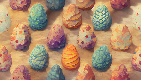 Tradition, creative background, Easter eggs in rows of colorsの素材