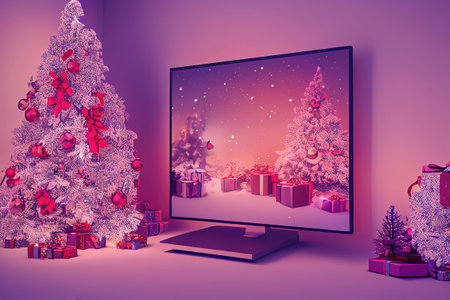 television with Christmas landscape in decorative scene with Christmas tree and gifts. background for christmas advertisingの素材