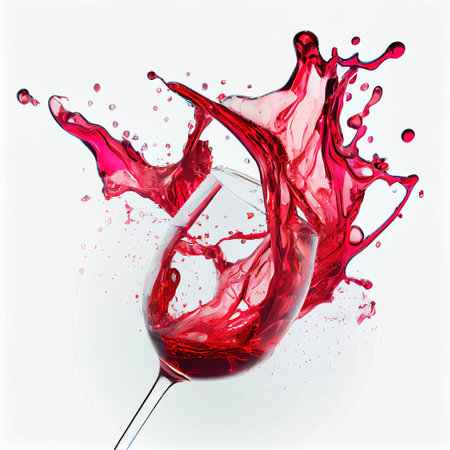 Merlot, wine glass with spilled wine. splash wine over white background. background for sommelier or wine tastingの素材