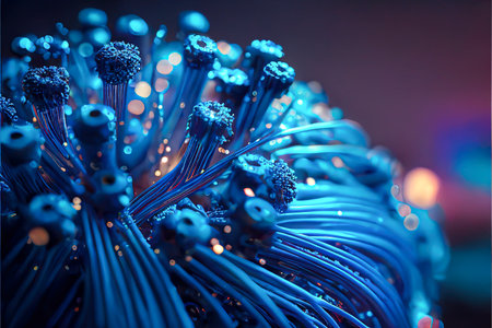 Information connection neural and technology communication concept, fiber optic threads in blue lights and electronic circuits, created with Generative AI technologyの素材