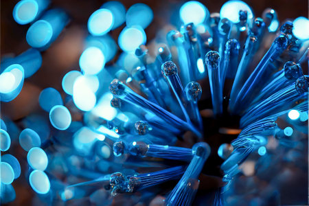 Information connection neural and technology communication concept, fiber optic threads in blue lights and electronic circuits, created with Generative AI technologyの素材