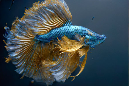 Exotic, beautiful betta fish with long tail in turquoise blue colors on a black background. decorative image or for graphic design created with Generative AI technologyの素材