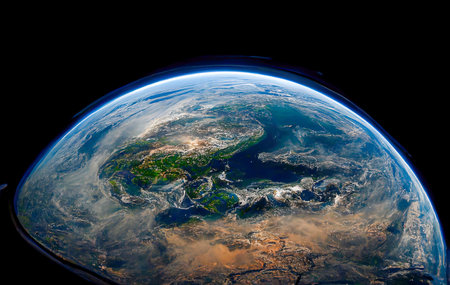 Planetary, view from space of planet earth. background stars and clouds and continents below, created with Generative AI technologyの素材